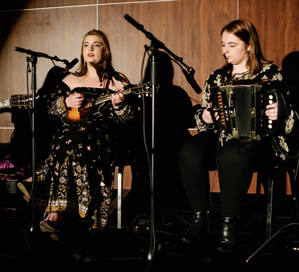 The Cajun trio Angelle Aces performing at the 2019 event recognizing Humanities Awards winners; photo by Paul Kieu