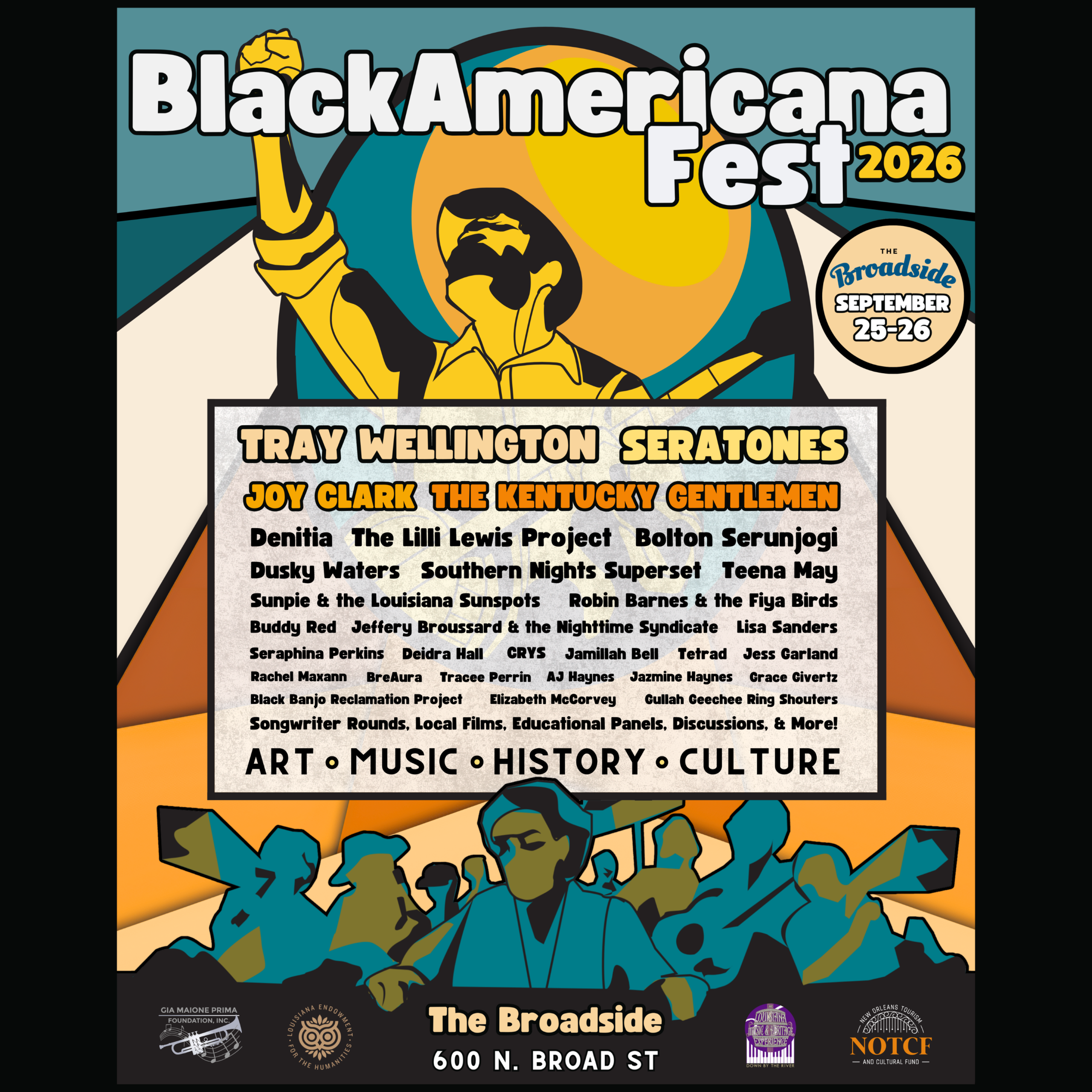 A line up poster for BlackAmericana Fest, listing the participating artists.